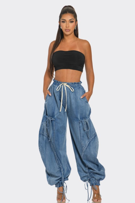 Plus Size Urban Chic Drawstring Denim Cargo Pants