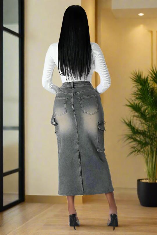 Women's Chic Cargo Maxi Denim Skirt