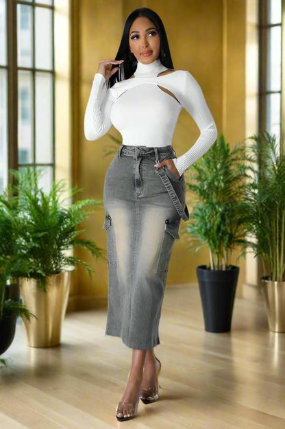 Women's Chic Cargo Maxi Denim Skirt