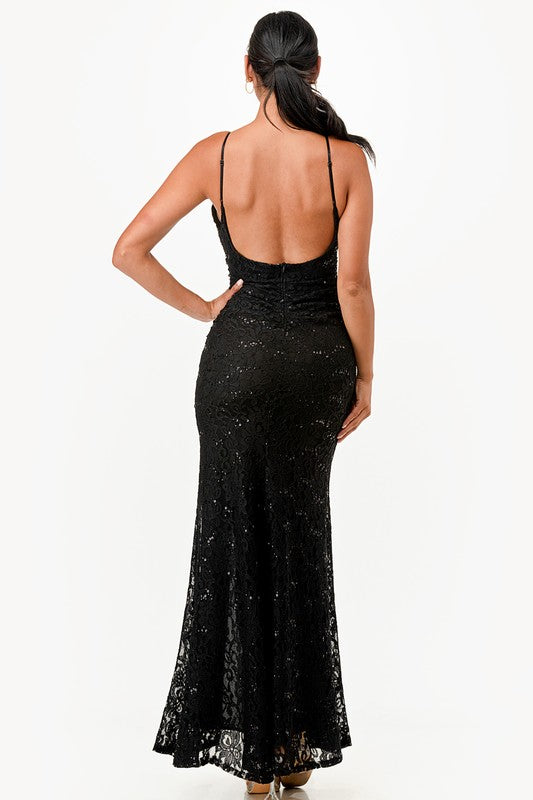 Lace Sequins One Split Cocktail Dress