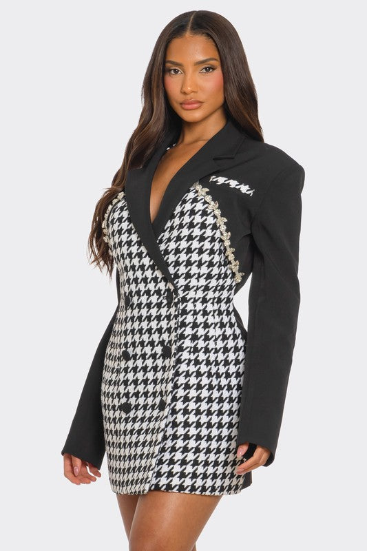 Glam Houndstooth Print Blazer Dress