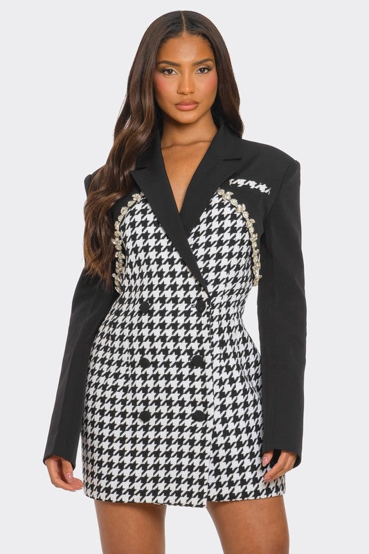 Glam Houndstooth Print Blazer Dress