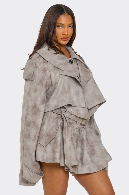 Plus Size Vintage Pretty Bag Cropped Trench Shorts Set