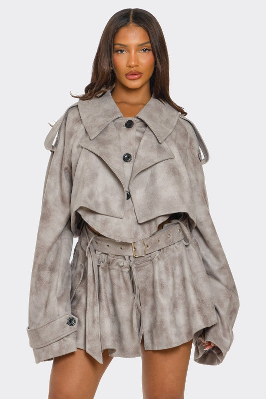 Plus Size Vintage Pretty Bag Cropped Trench Shorts Set
