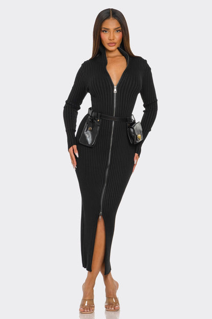 Ribbed Knit Utility Midi Dress
