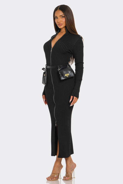 Ribbed Knit Utility Midi Dress