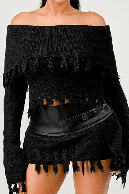 Shoulder Knit Set with Faux Leather