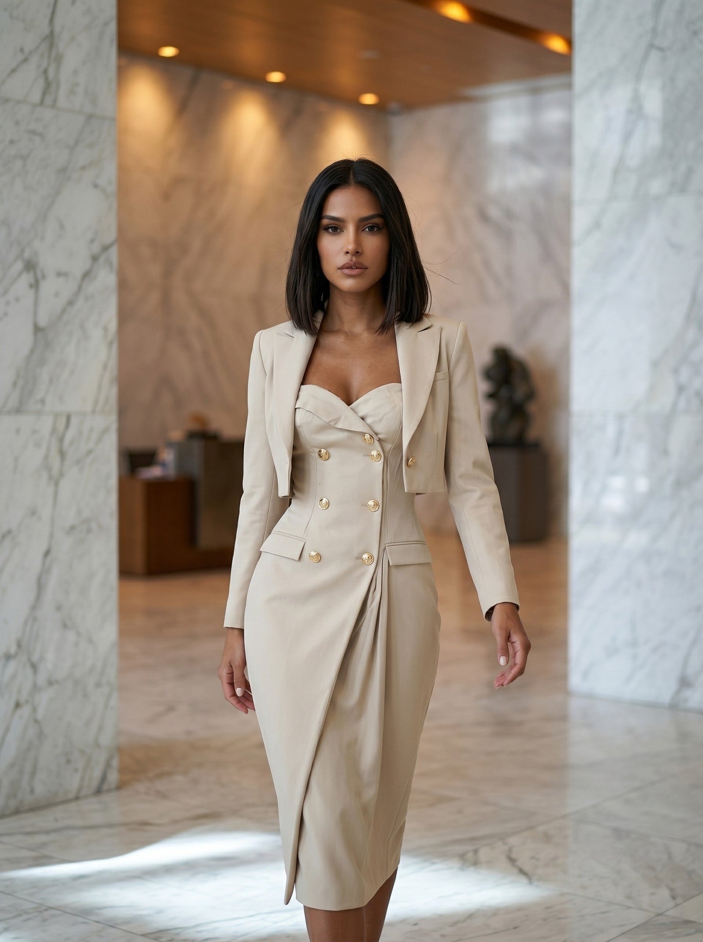 Champagne Double-Breasted Bustier Blazer Dress
