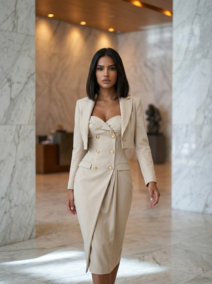 Champagne Double-Breasted Bustier Blazer Dress