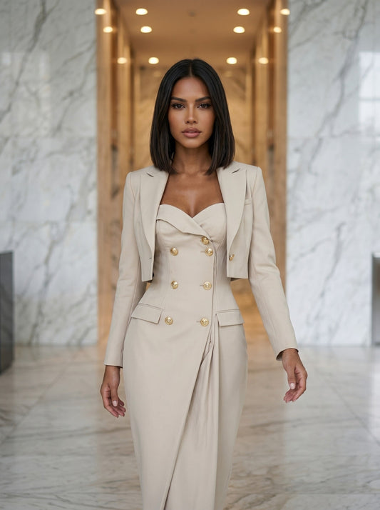Champagne Double-Breasted Bustier Blazer Dress Set