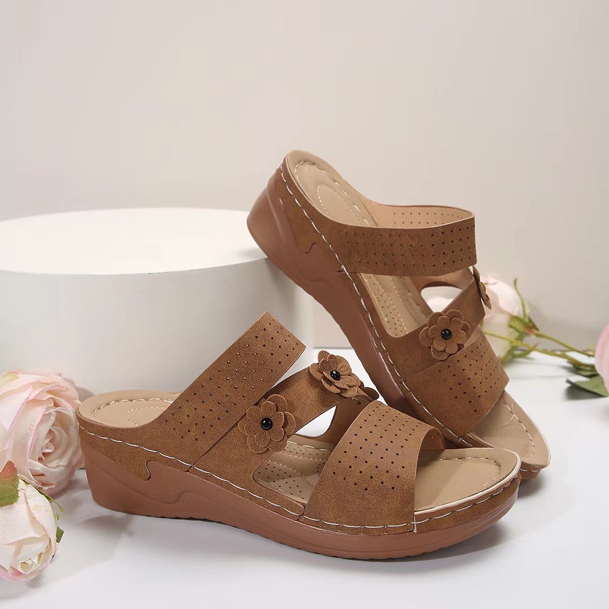 Flower Design Suede Wedge Sandals