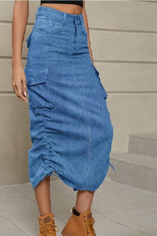 Ruched Drawstring Denim Midi Skirt