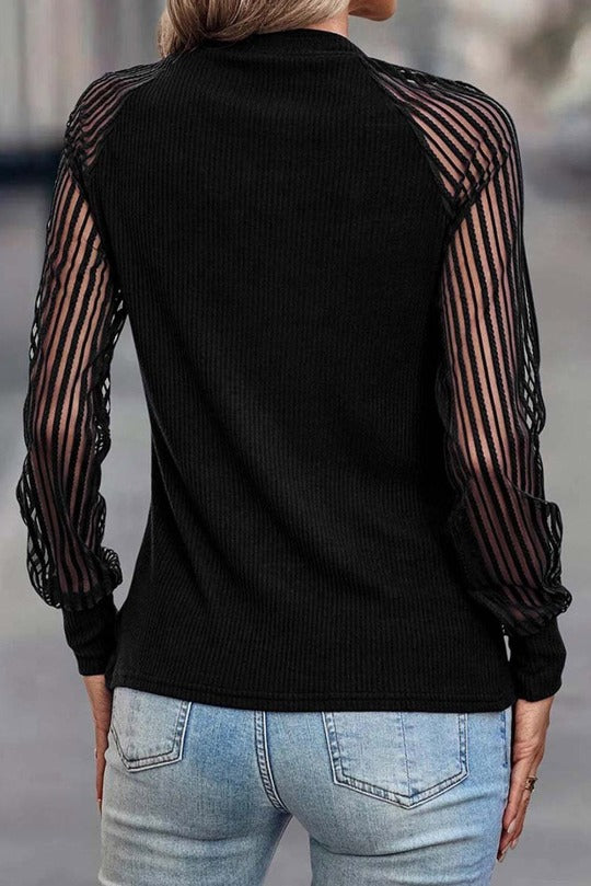 Dressy Crew Neck Striped Mesh Top