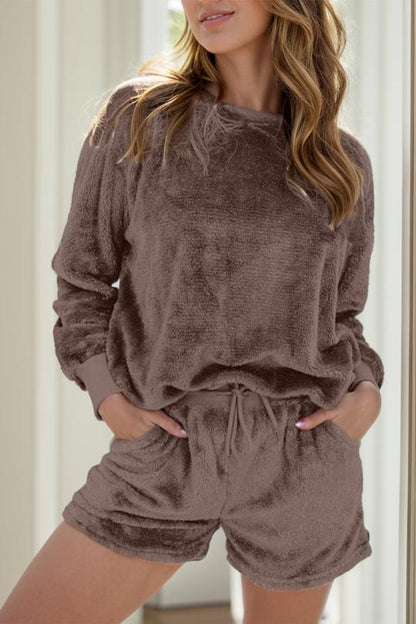 Plush Long Sleeve Top and Shorts Lounge Set