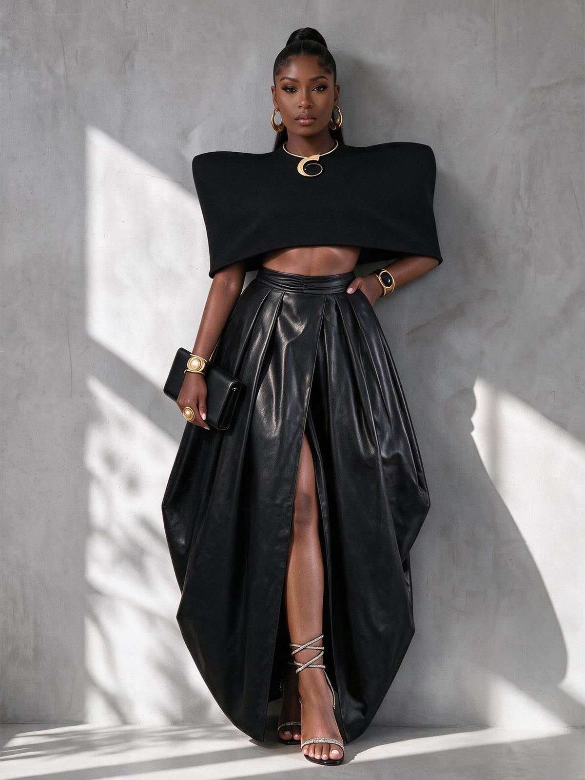Midnight Lantern Pleated Faux Leather Maxi Skirt