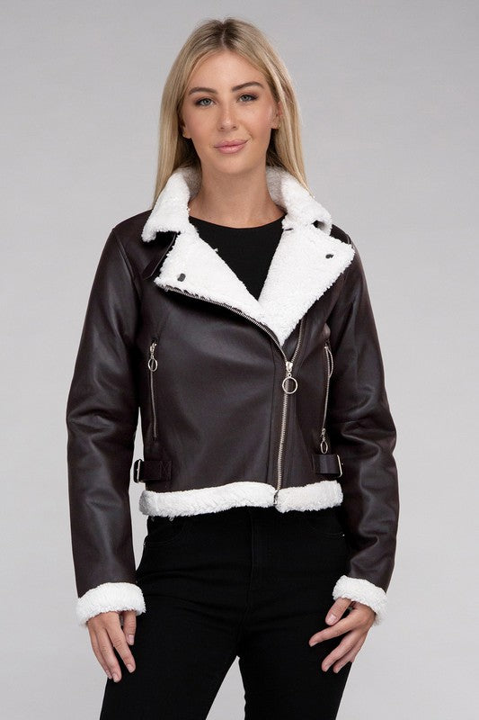 Women's Plush Teddy Trimmed Leather Jacket