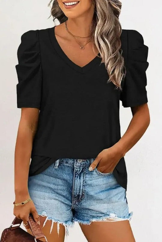 Puff Sleeve V Neck T-Shirt