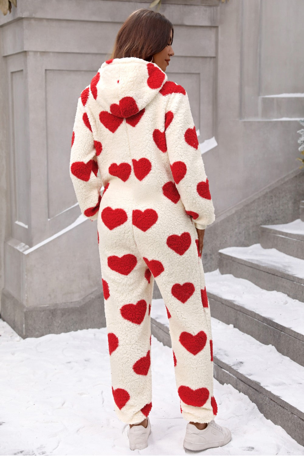 1 Fuzzy Heart Zip Up Hooded Lounge Jumpsuit