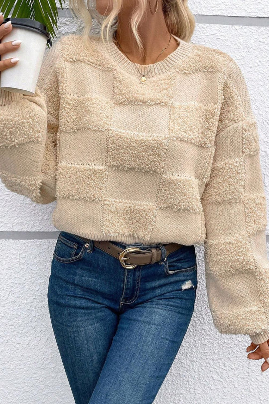 Women's Fur Checkered Long Sleeve Sweater