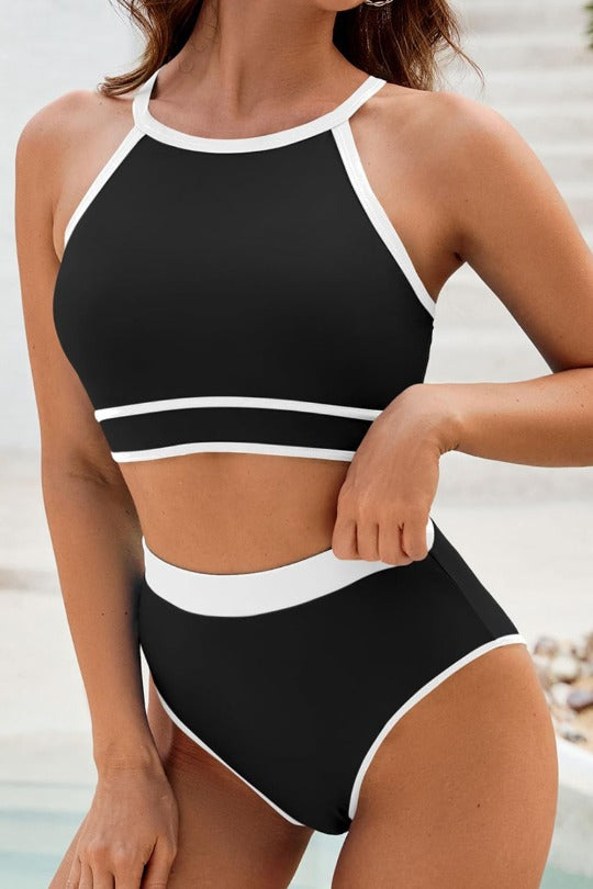 Crew Neck Contrast Trim Bikini Set