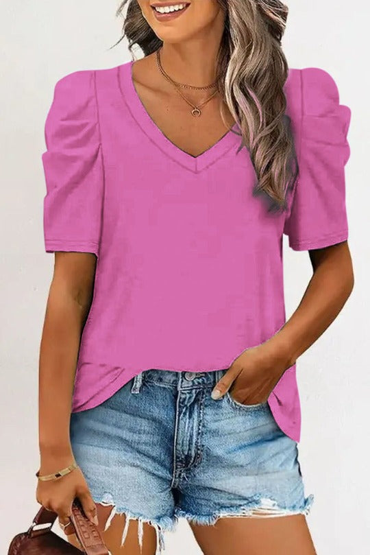 Puff Sleeve V Neck T-Shirt