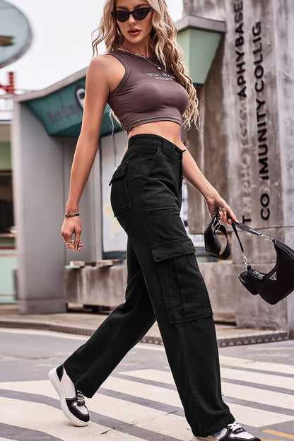 High Waist Loose Fit Cargo Jeans