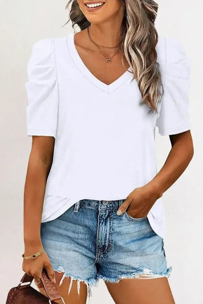 Puff Sleeve V Neck T-Shirt