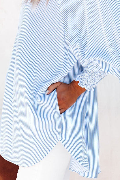 Striped Shirred Cuffs Button Long Sleeve Shirt