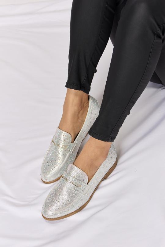 Silver Rhinestone Point Toe Loafers