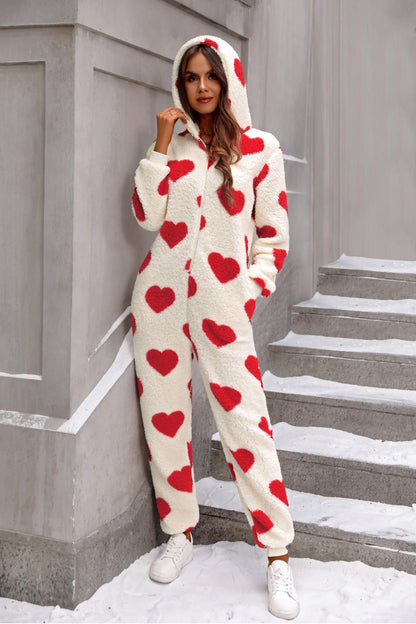 1 Fuzzy Heart Zip Up Hooded Lounge Jumpsuit