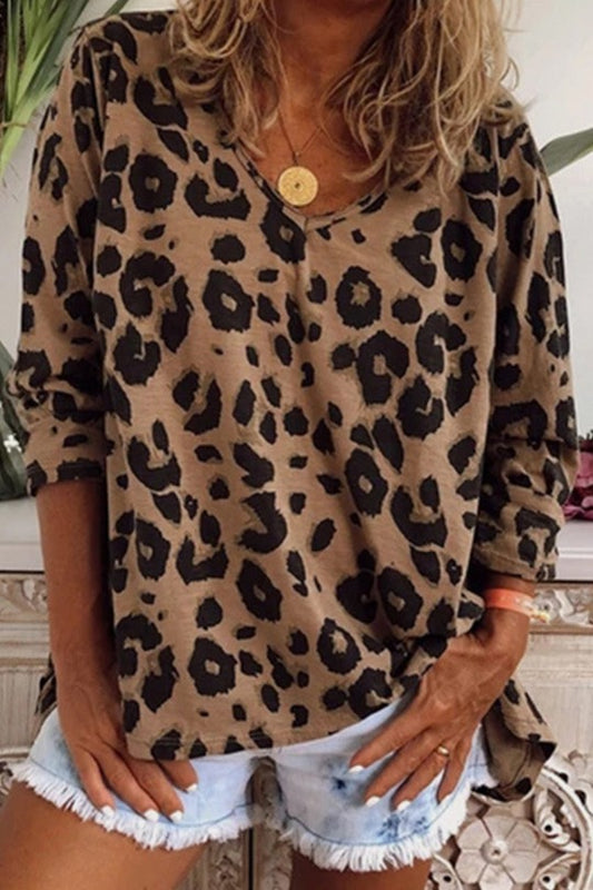 Leopard Split V Neck Long Sleeve Shirt