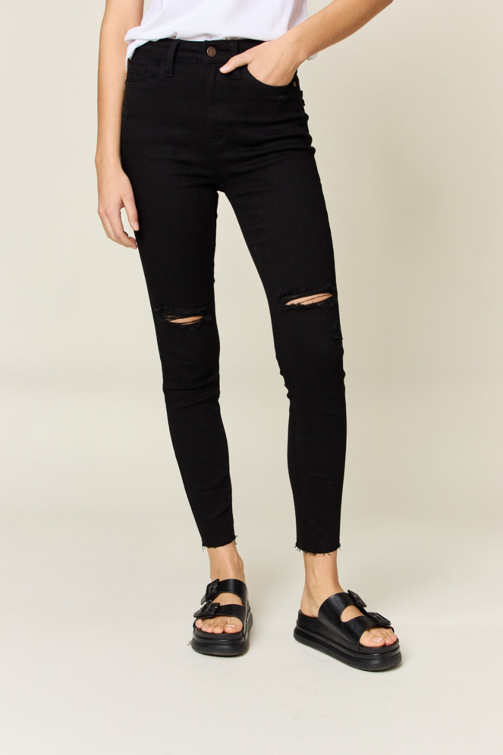 Distressed High Waist Raw Hem Skinny Jeans