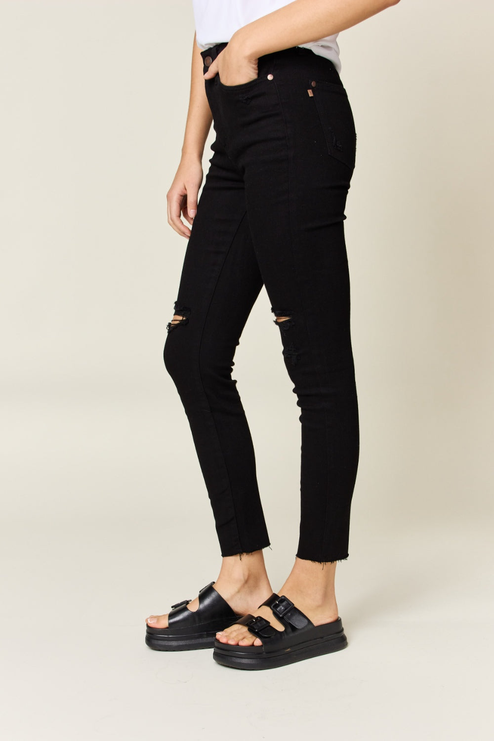 Distressed High Waist Raw Hem Skinny Jeans