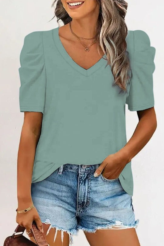 Puff Sleeve V Neck T-Shirt