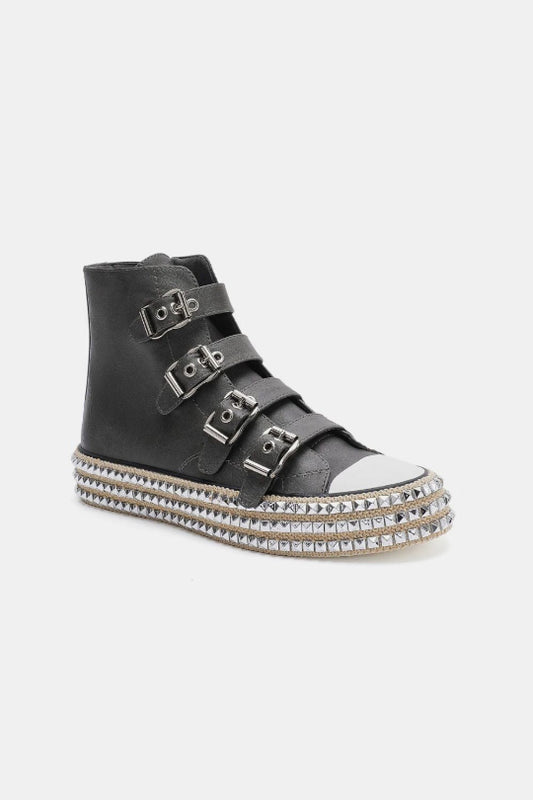 Multi-Buckle Buckled Studded Platform Sneakers