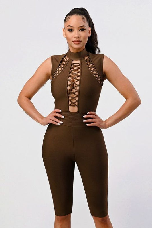 Brown Fitted Criss Cross Romper