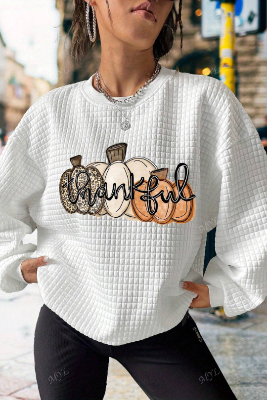 Casual Pumpkin Printed Waffle Sweatshirt