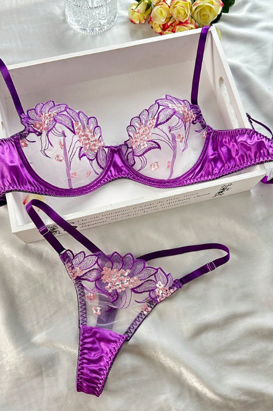 Conjunto de lencería con bordado floral transparente de encaje morado, elegante y encantador para damas de San Valentín, talla 19
