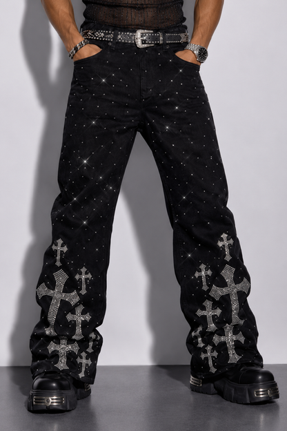 Men's Rebel Cross Rhinestone Loose Jeans