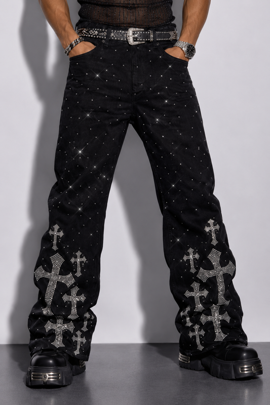 Men's Rebel Cross Rhinestone Loose Jeans