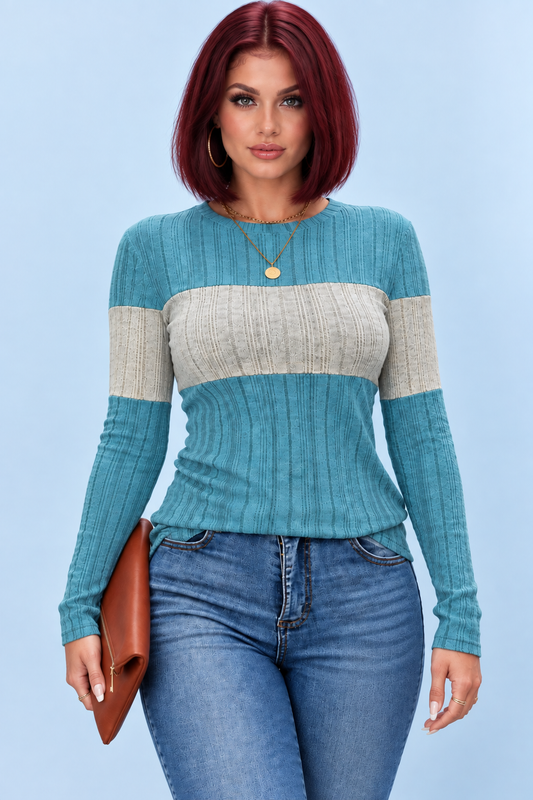 Blusa de manga larga con cuello redondo y bloques de color