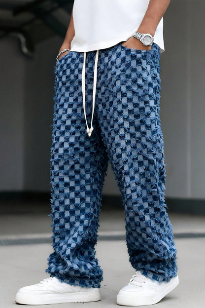 Men's Checkered Fringe Drawstring Denim Jeans