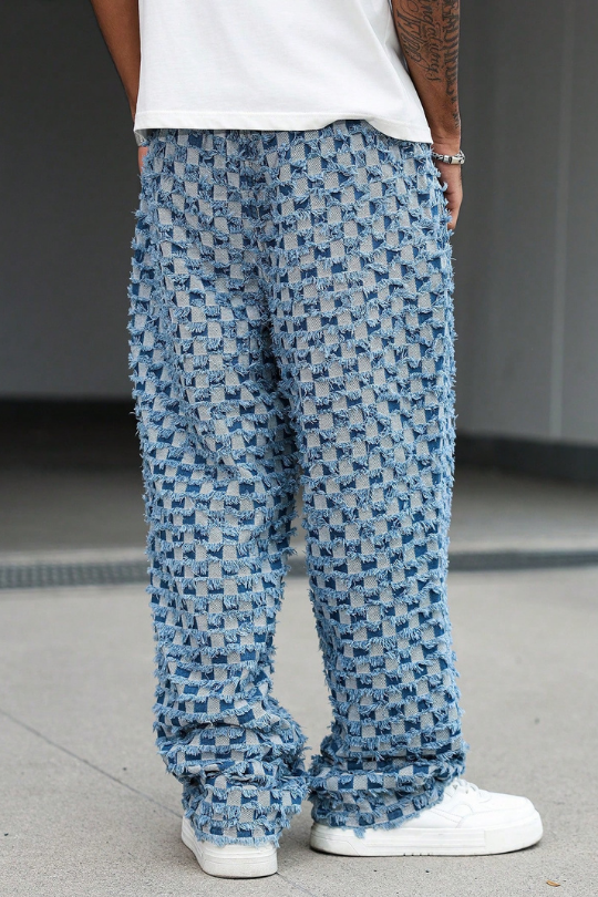 Men's Checkered Fringe Drawstring Denim Jeans