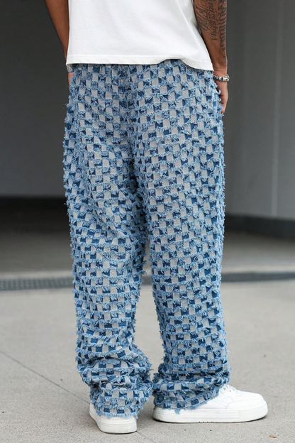 Men's Checkered Fringe Drawstring Denim Jeans