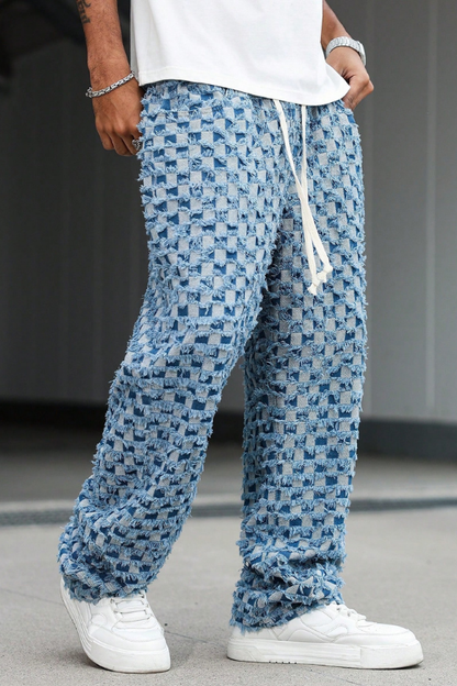 Men's Checkered Fringe Drawstring Denim Jeans