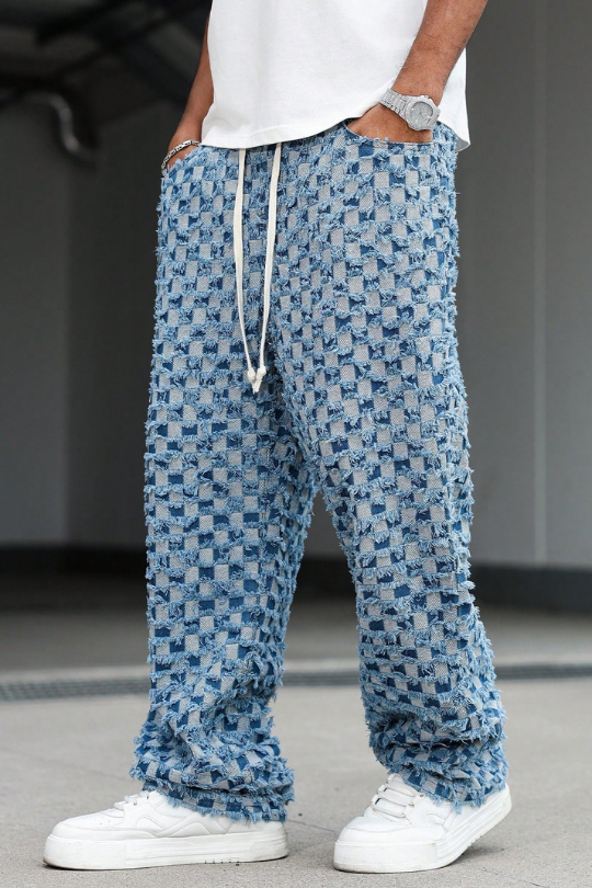 Men's Checkered Fringe Drawstring Denim Jeans