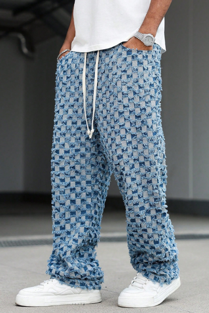 Men's Checkered Fringe Drawstring Denim Jeans