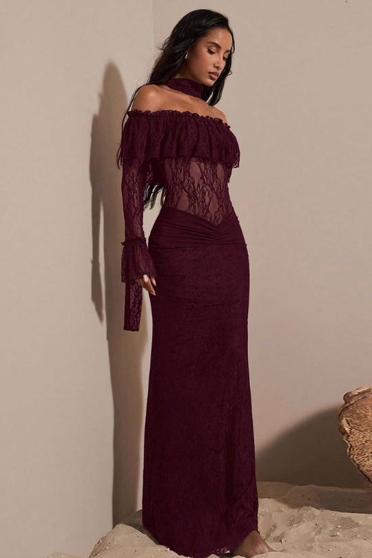 Feathered Off-Shoulder Lace Mermaid Mesh Maxi Dress