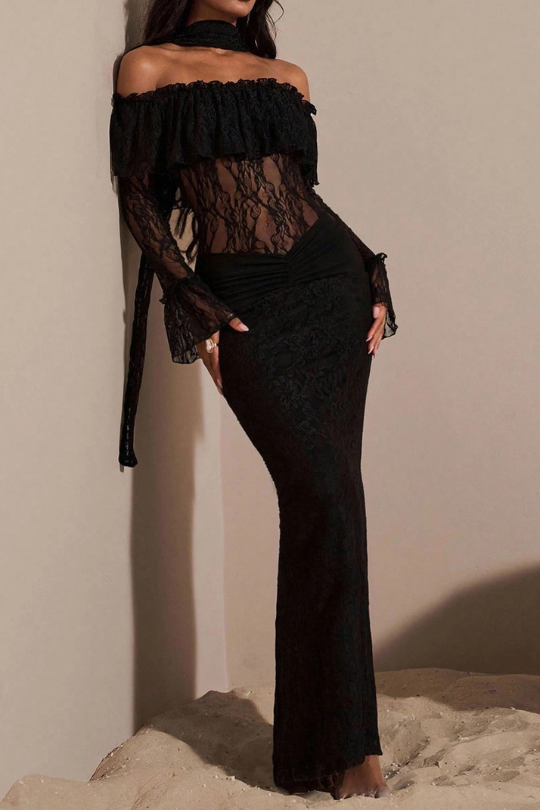 Feathered Off-Shoulder Lace Mermaid Mesh Maxi Dress