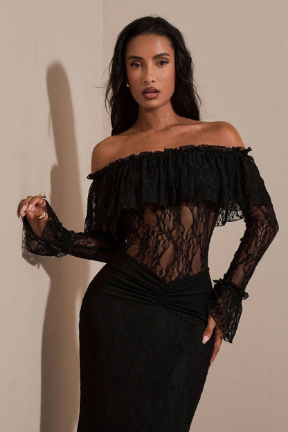 Feathered Off-Shoulder Lace Mermaid Mesh Maxi Dress